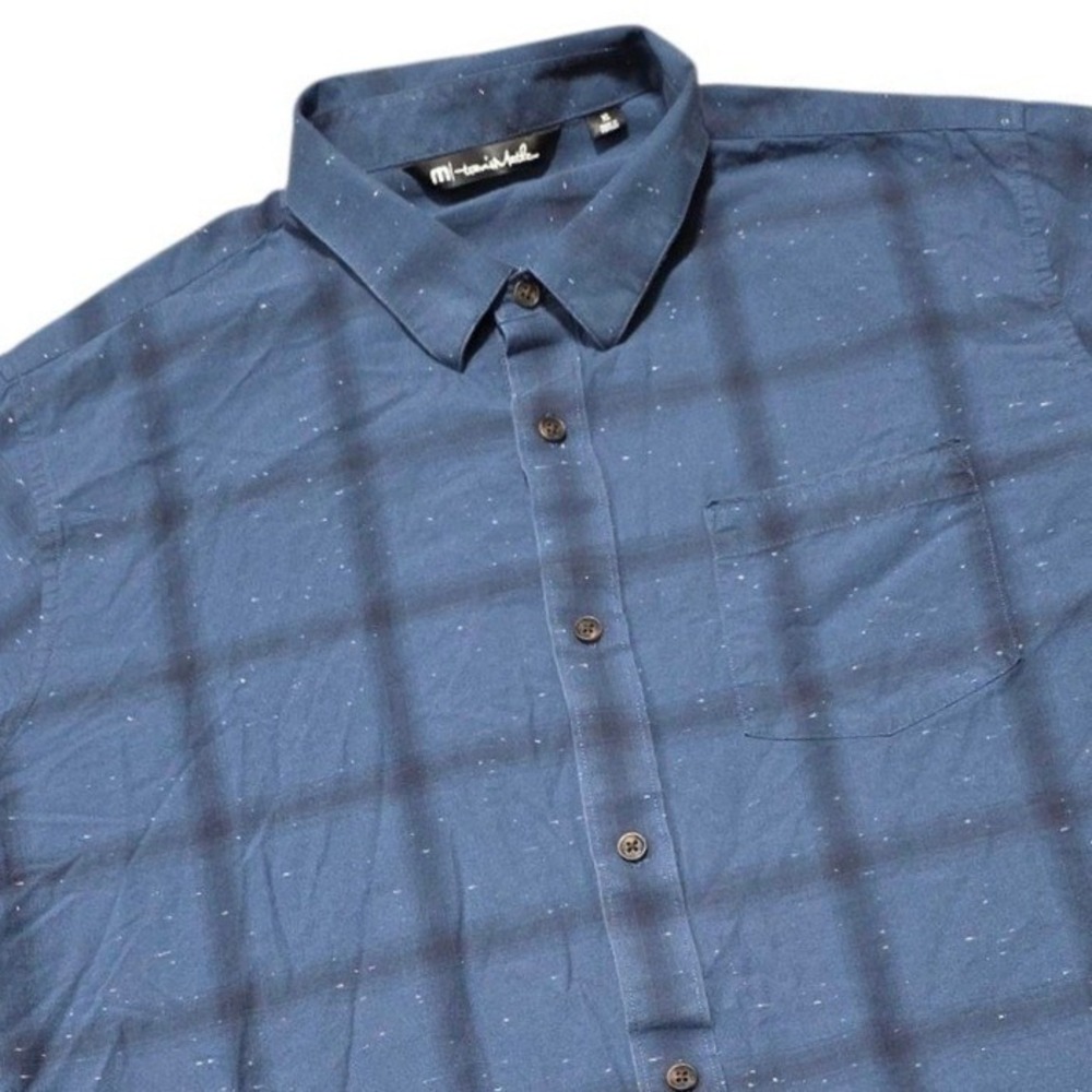 Travis Mathew Shirt Mens XL Blue Plaid Short Sleeve Button Up Golf Casual